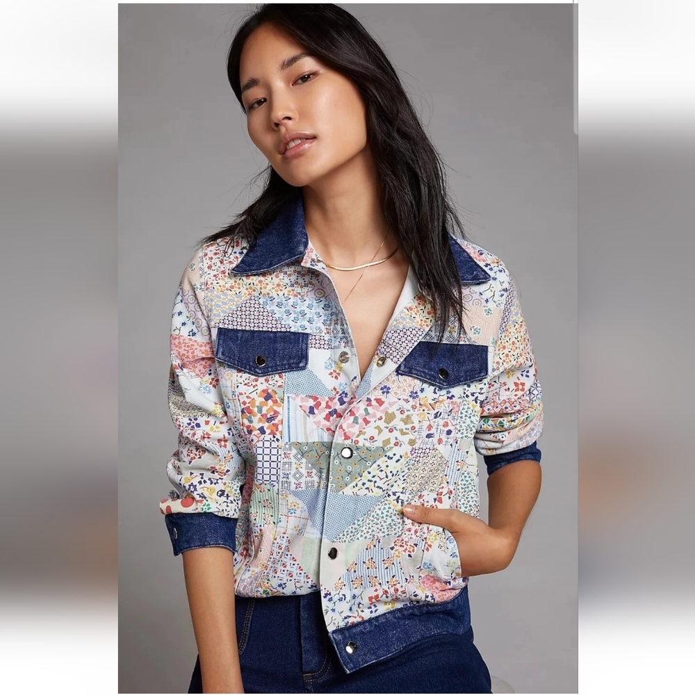 CARLEEN x Anthropologie  Floral Blue Motif Denim Trucker Jacket size XL